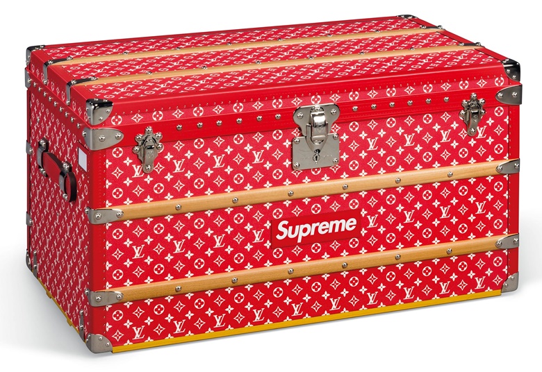 Theluxinbox A limited-edition red and white monogram Malle Courrier 90 trunk with silver hardware by Supreme, Louis Vuitton x Supreme, 2019