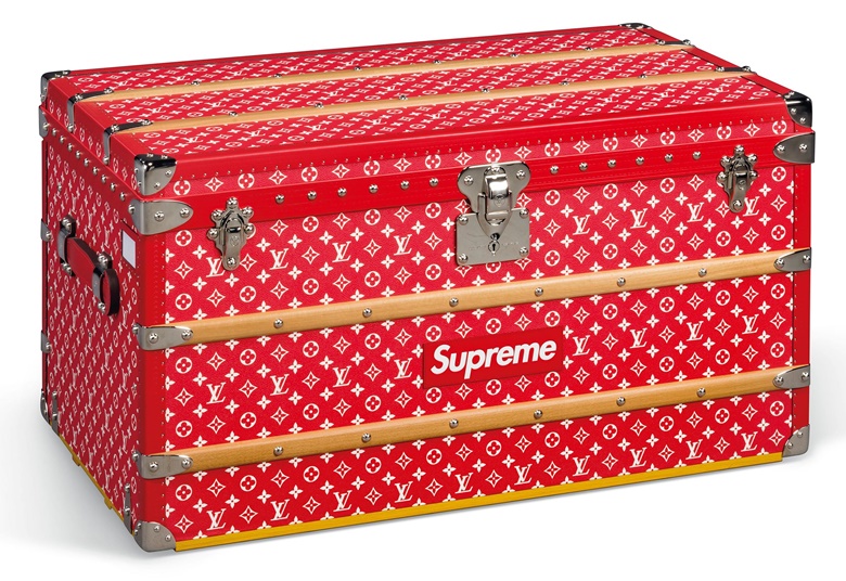 A limited-edition red and white monogram Malle Courrier 90 trunk with silver hardware by Supreme, Louis Vuitton x Supreme, 2019