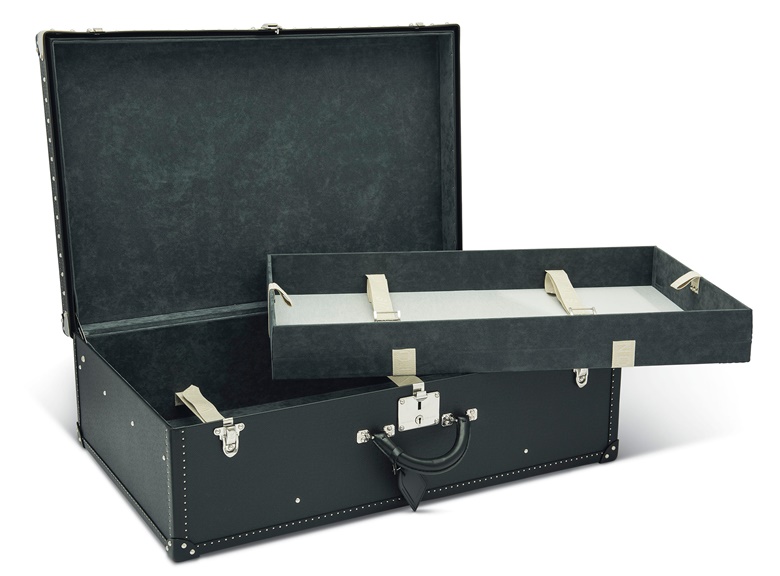 A set of three a black Taiga leather Alzer 70; an Alzer 80 and a shoe trunk with silver hardware, Louis Vuitton, 2010s