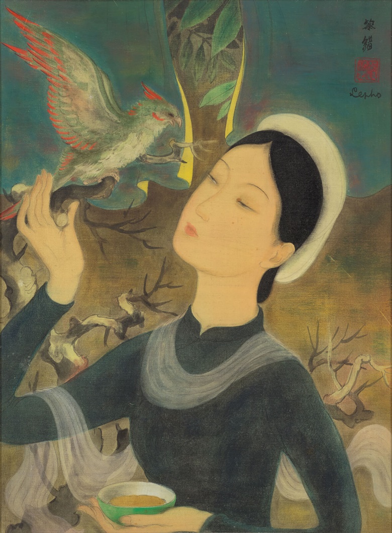 黎谱（1907-2001）《女子与鹦鹉》，水墨 水粉 绢本，38.5 x 28.5公分（15 18 x 11 ¼寸），约1938年作。估价：1,600,000 – 2,600,000港元。此拍品将于2020年7月10日佳士得香港现代及当代艺术晚间拍卖呈献