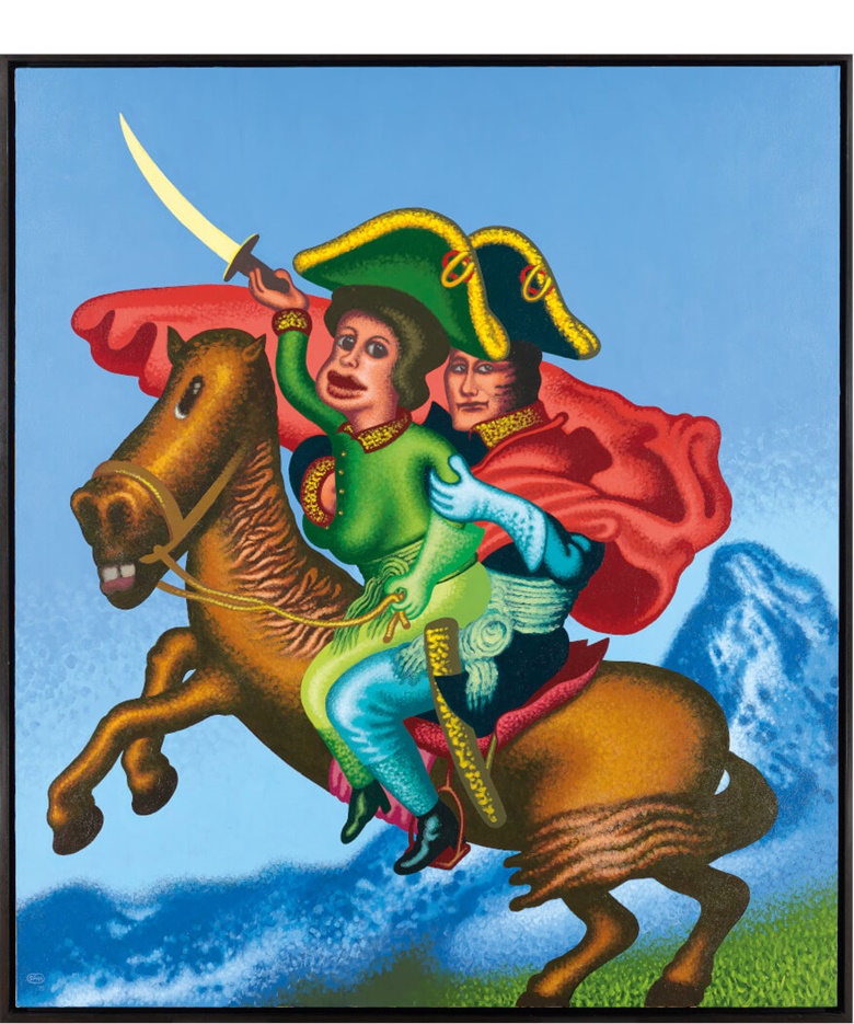 彼得·索尔（1934年生）《两个拿破仑翻越阿尔卑斯山》，压克力 画布，203.2 x 177.8公分（80 x 70寸），2015年作。估价：900,000 - 1,800,000港元。此拍品将于2020年7月10日佳士得香港现代及当代艺术晚间拍卖呈献