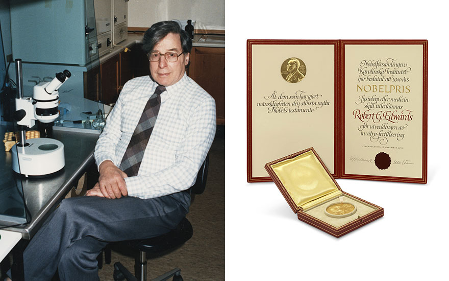 From left Robert Edwards, photographed in the 1970s. Photo Churchill Archives Centre, The Papers of Sir Robert Edwards, EDWS 18518. The Nobel Prize Medal in Physiology or Medicine awarded to Robert G.