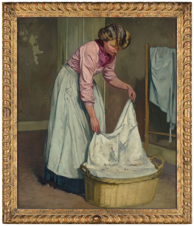 Albert Daniel Rutherston (1881-1953), A Laundry Girl, circa 1906. Oil on canvas. 30 x 25 in (76.3 x 63.5 cm). Together with Albert Daniel Rutherston, A Sketch for Laundry Girls. Pencil on paper. 18¾ x 24 (47.7 x 61 cm). Estimate £2,000-3,000. Offered in&nbsp;Gloria Property from the late Dowager Countess Bathurst&nbsp;on 22 July at Christie’s in London