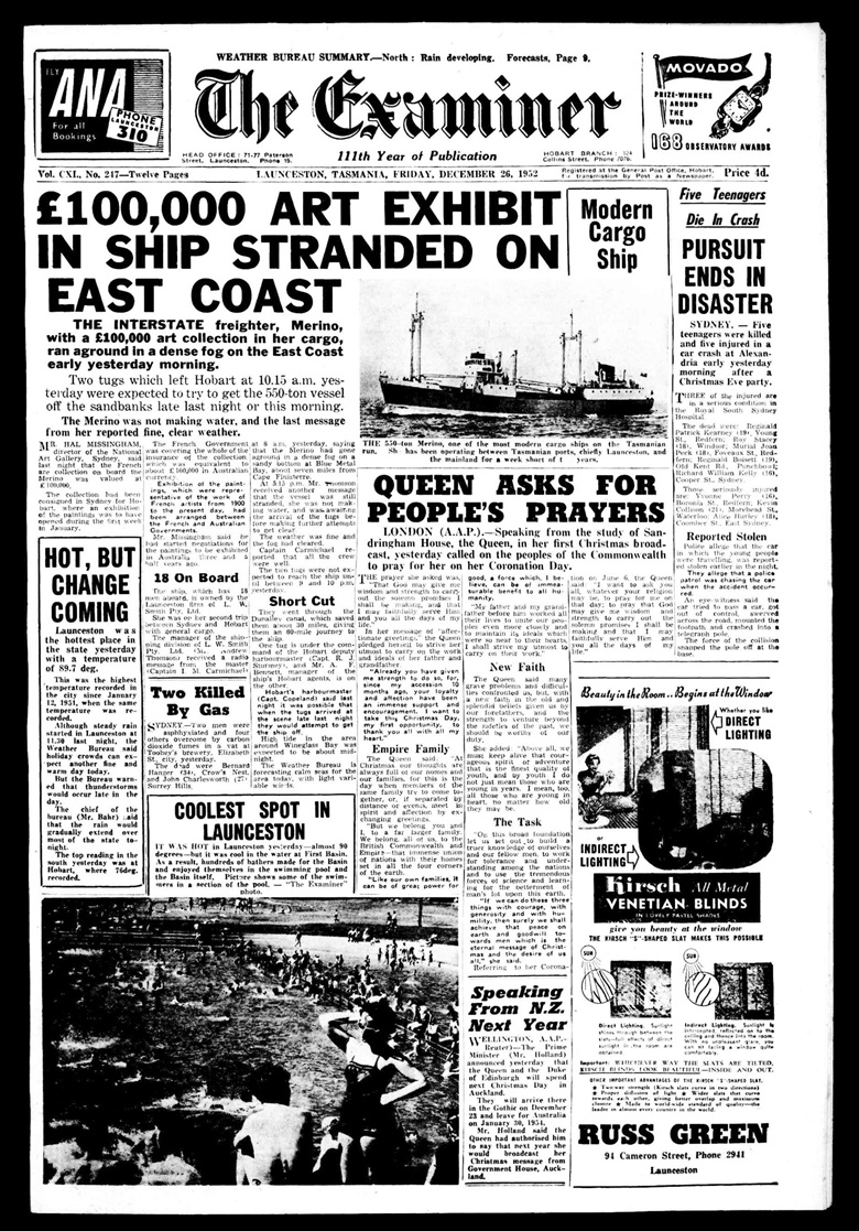 The front page of The Examiner, 26 December 1952. The Examiner (Launceston, Tas. 1900-1954) 26 December 1952 1. National Library of Australia. httpnla.gov.aunla.news-page4695719
