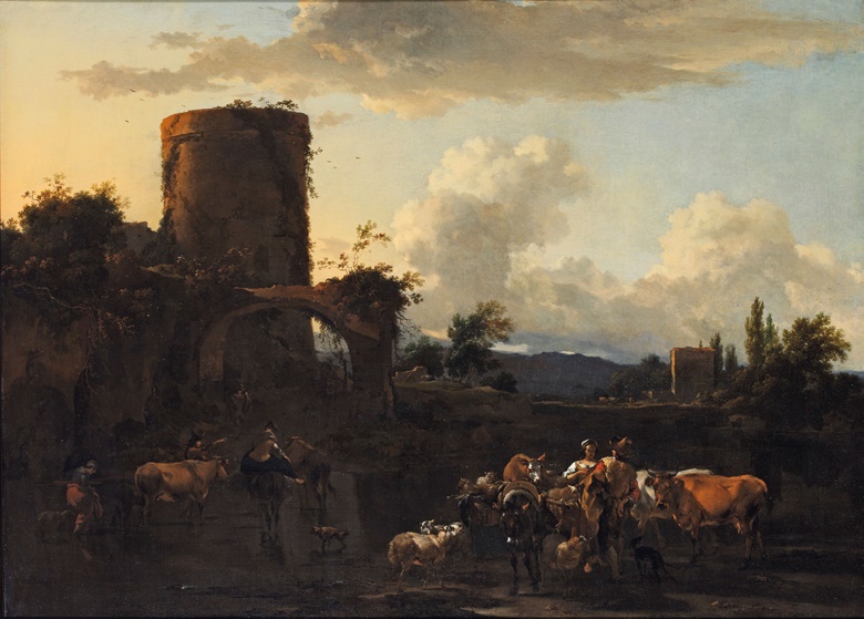 Nicolaes Berchem (1621-1683), An Italianate river landscape at sunset, with drovers and their animals by ruins. Oil on canvas. 28¾ x 39⅜ in (73.1 x 99.7 cm). Price on request. View Old Masters currently offered for private sale at Christie’s