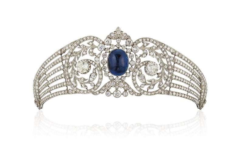 Belle Epoque sapphire and diamond tiara. Cabochon sapphire, rose and old-cut diamonds, circa 1910. 17.0 cm high. Sold for £32,500 on 30 July 2020 at Christie’s in London
