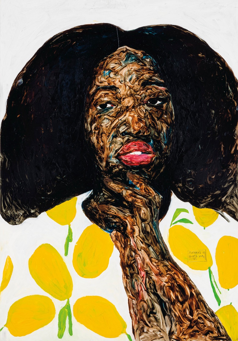 Amoako Boafo (b. 1984), Lady with Lemon Top, 2018. Oil on paper. 39⅜ x 27⅛ in (100 x 69 cm). Estimate £15,000-20,000. Offered in First Open Post-War & Contemporary Art Online, 14-28 July, Online