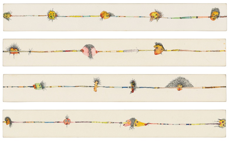 Huguette Caland (1931-2019), Fishing (From the Homage to Pubic Hair series), 1992. Watercolour and ink on card laid on wood. Each 2⅜ x 20 x ¾ in (6.2 x 51 x 2 cm). Estimate £10,000-15,000. Offered in First Open Post-War & Contemporary Art Online, 14-28 July, Online