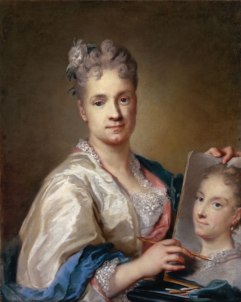 Rosalba Carriera, Self-Portrait, 1709, holding a portrait of her sister Giovanna, pastel on paper. Galleria degli Uffizi, Florence. Photo Mondadori PortfolioElectaRemo BardazziBridgeman Images