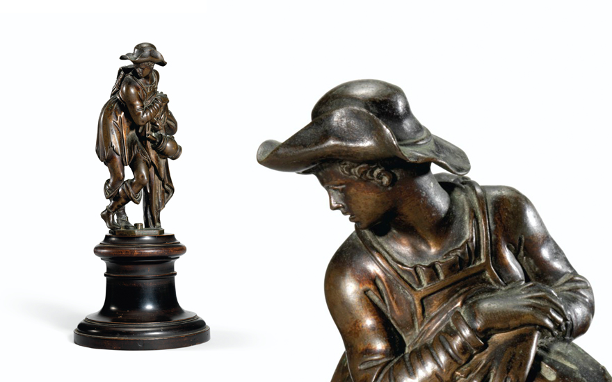 Antonio Susini (fl. 1580-1624 Florence), after a model by Giambologna, circa 1600-1620, Peasant Resting on His Staff. Bronze. 5 in (12.9 cm) high; 8 in (20.4 cm) high, overall. Estimate