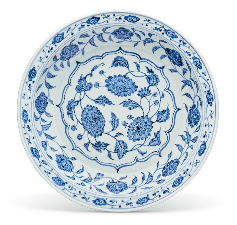 Antique Blue /& White Shallow Bowl in Asian Handpainted Motif of Landscape in Pastel Blue Shallow Serving Bowl Decorative Bowl Serving Dish