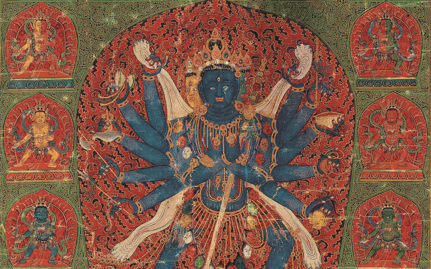 Detail of an important imperial painting of Chakrasamvara, China, dated to the 13th year of Chenghua, corresponding to 1477. Dimensions 24¾ x 19  in (62.8 x 48.2  cm). Estimate