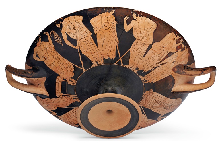 Three pairs of men, each wearing a himation and leaning on a staff, engaged in courtship