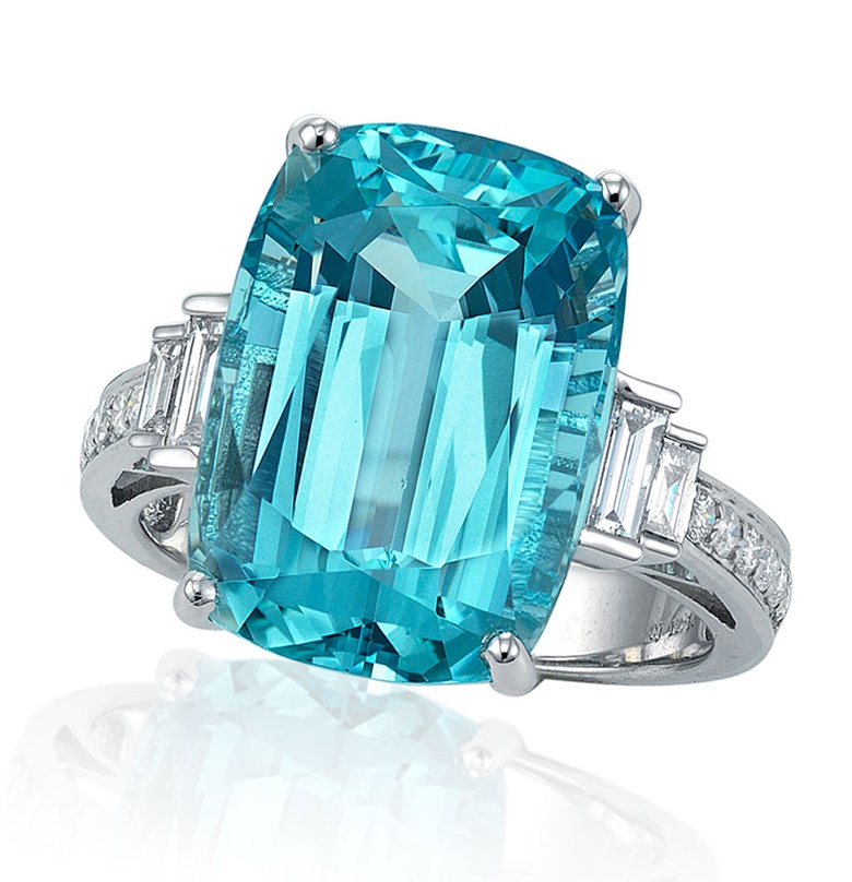 Aquamarine and diamond ring. SizeDimensions of stone 16.50 x 11.65 x 9.25 mm. Sold for HK$62,500 in Jewels Online, 24 September to 5 October 2020, Online