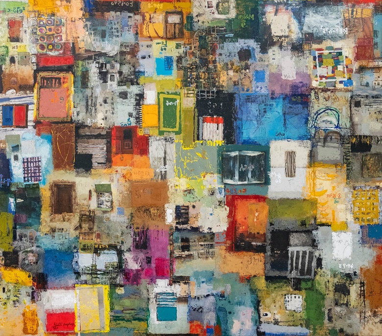 Addis Gezehagn, Floating City XVIII, 2020. Acrylic on canvas. 150 x 170 cm. Image courtesy Addis Fine Art