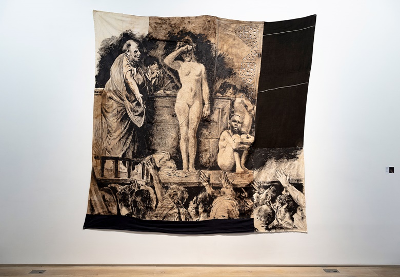 Roméo Mivekannin, série Le Modèle Noir, Le marché aux esclaves, d’après Jean-Léon Gérôme, 2020. Acrylic and elixir bath on free canvas, 248 x 255 cm. Courtesy of Galerie Eric Dupont

    p.p1 {margin 0.0px 0.0px 0.0px 0.0px; font 11.0px Calibri} span.s1 {font-kerning none}