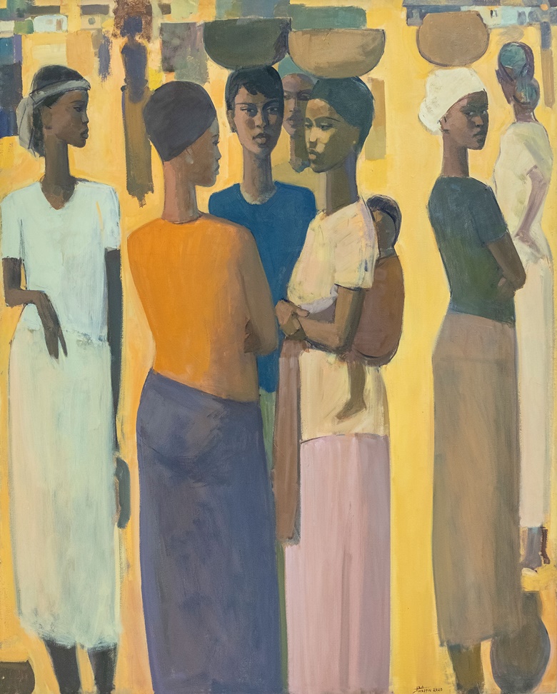 Tadesse Mesfin, Pillars of Life Saturday Market Day VI. Oil on canvas. 161.5 x 130 cm. Image courtesy of Addis Fine Art 
