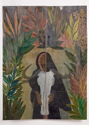 Tuli Mekondjo, Edalo la Ngalangobe, The Birth of Ngalangobe, 2020. Mixed media on canvas, photo transfer, collage, acrylic, millet grain and resin on canvas. 118 x 88.3 cm. Image courtesy of Guns & Rain