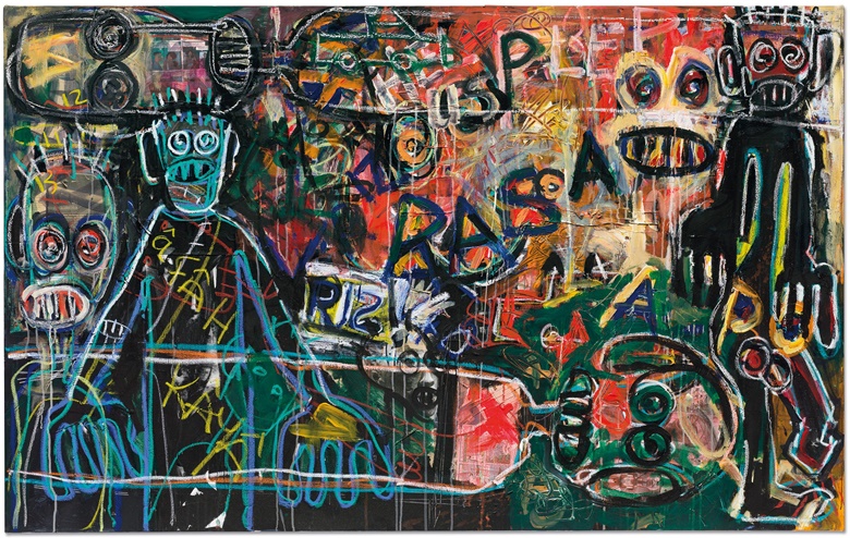 Aboudia (b. 1983), Untitled, 2013. Acrylic and oil stick on printed paper collage on canvas. 49¼ x 78¾ in (125 x 200 cm). Estimate £15,000-20,000. Offered in the Post-War and Contemporary Art Day Sale on 23 October 2020 at Christie’s in London