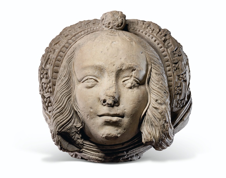 A carved limestone head of a female saint, French, first quarter 16th century. 10¼ in (26 cm) high, 10½ in (26.7 cm) wide, 9¼ in (23.5 cm) deep. Estimate $30,000-50,000. Offered in Old Masters on 15 October 2020 at Christie’s in New York