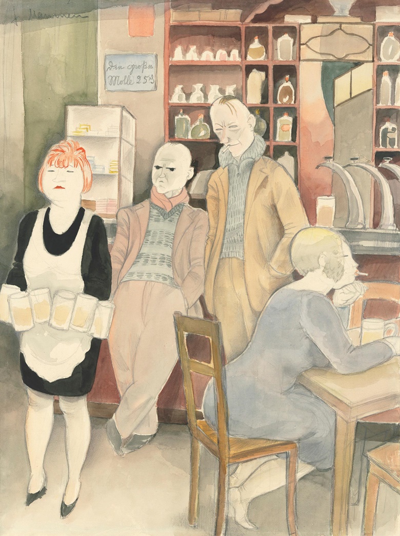 Jeanne Mammen (1890-1976), Bierseidelbetrachtung II, circa 1929. Watercolour and pencil on paper. 47.5 x 36 cm (18⅝ x 14⅛ in). Estimate £50,000-70,000. Offered in The Golden Twenties Berlin through the Eyes of Modern Artists, 22 October-12 November 2020, Online