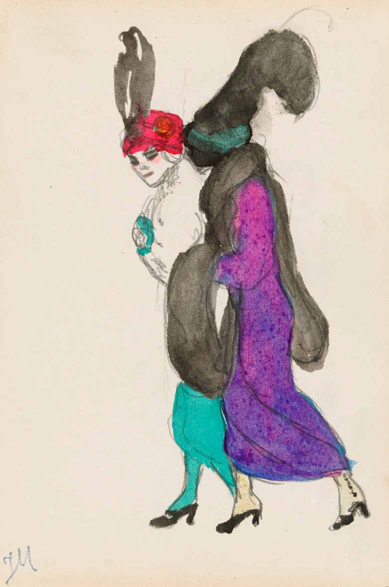 Jeanne Mammen (1890-1976), Zwei Damen mit Kopfputz, circa 1910-1914. Watercolour on paper. 6⅞ x 4¾ in (17.5 x 12.2 cm). Estimate £7,000-10,000. Offered in The Golden Twenties Berlin through the Eyes of Modern Artists, 22 October-12 November 2020, Online