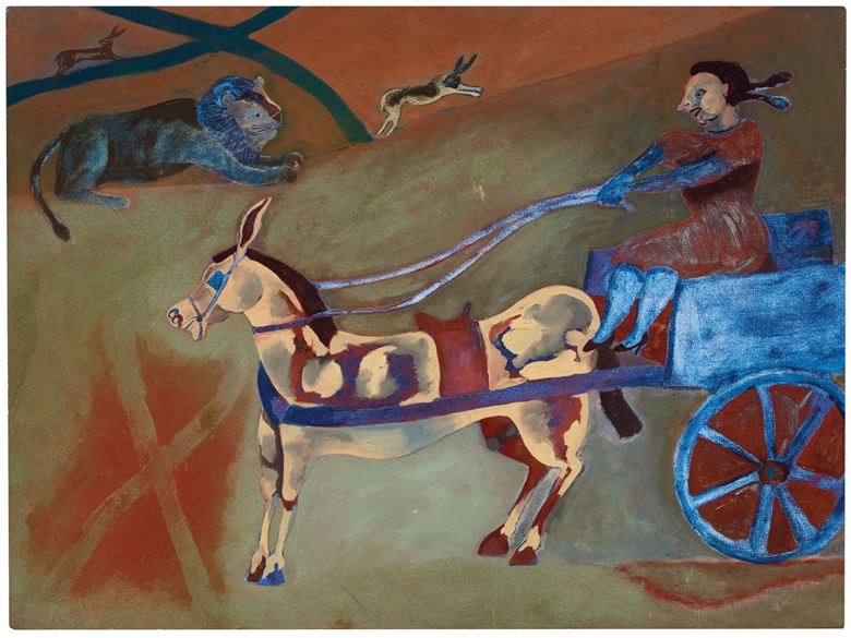 Francisco Toledo (1940-2019), Carreta azul, 1970. Óleo y arena sobre masonita. 27 pulgadas x 36 pulgadas (68 x 91,4 cm). Estime $ 80,000-120,000. Ofrecido en Arte Latinoamericano el 13 de noviembre de 2020 en Christie's en Nueva York