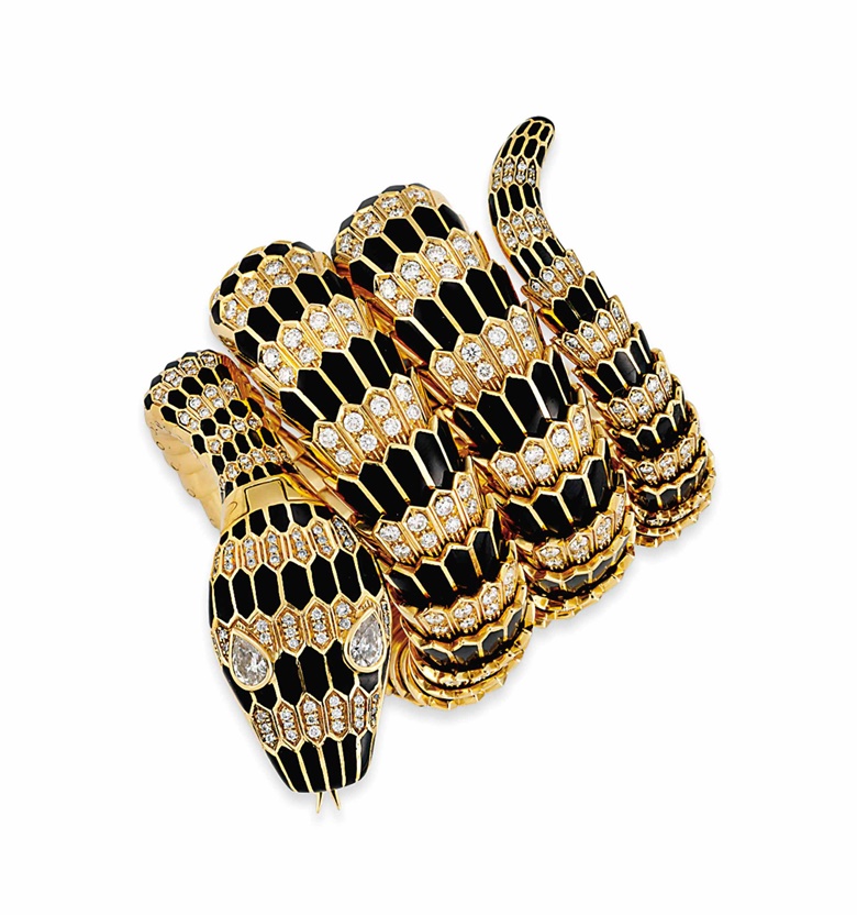 A fine and rare enamel and diamond snake wristwatch, by Bulgari