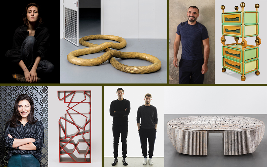 Main image, clockwise, from top left Ranya Sarakbi portrait © Joe Kesrouani; Ranya Sarakbi, Ouroboros, 2019-2020; Khaled El Mays portrait Tarek Moukaddem; Khaled El Mays, Large cabinet from the Palmea