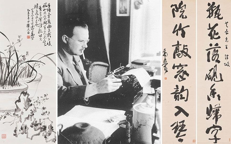 徐元白（1892-1957），《兰石》，85 x 33 公分 (33 1⁄2 x 13 英寸) 。估价：12,000 – 15,000港元。高罗佩肖像。郭沫若（1892-1978），《书法对联》，每幅 135.2 x 32 公分（53 ¼ x 12 ½ 吋）。估价：80,000 – 120,000港元。两件拍品将于2020年11月18日至12月2日在琴心墨韵——高罗佩珍藏中国书画网上拍卖中呈献