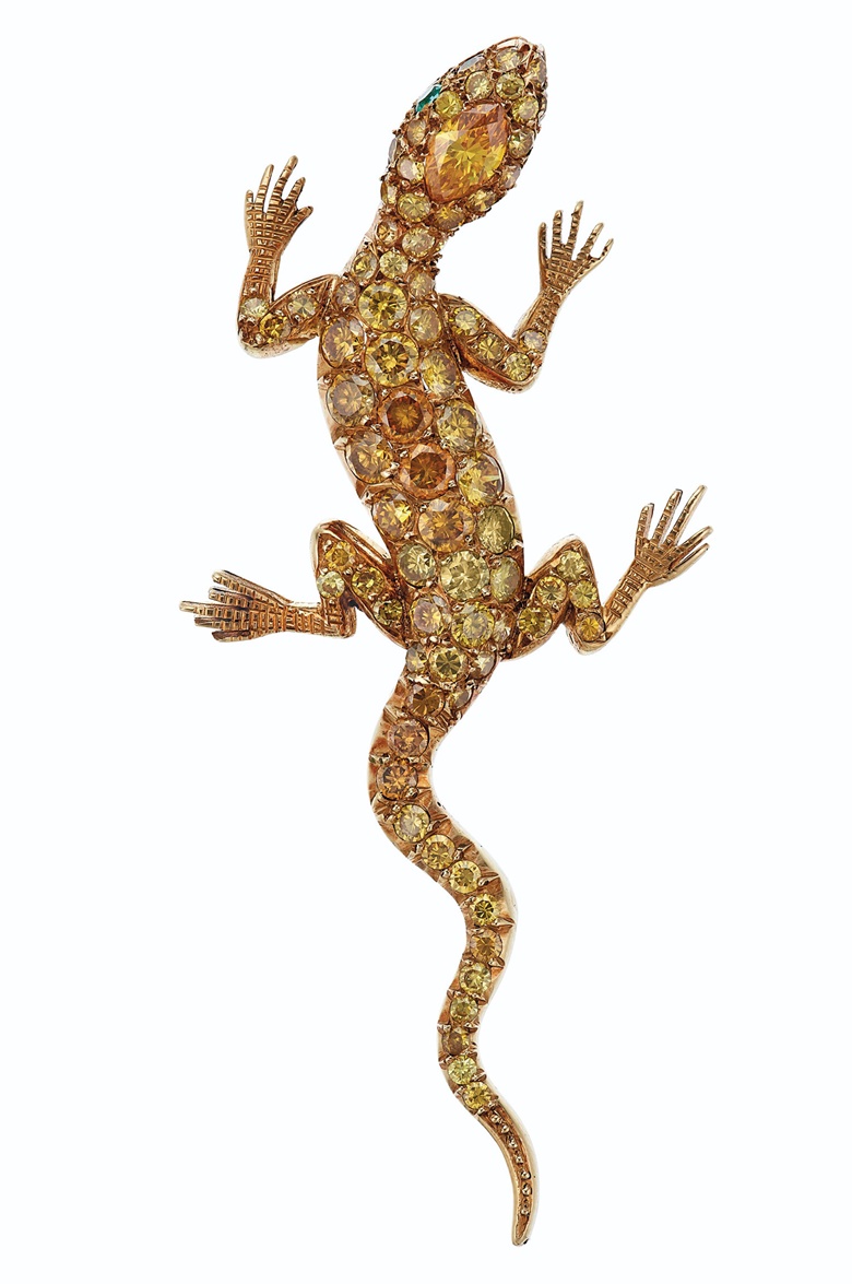 Coloured diamond and emerald Salamander brooch, Boucheron. Estimate $20,000-30,000. Offered in Magnificent Jewels on 8 December 2020 at Christie’s in New York