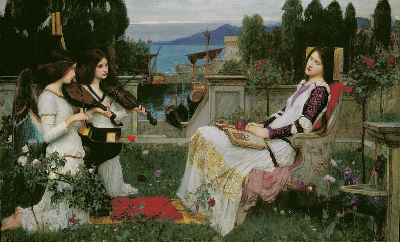 John William Waterhouse (1849-1917), St Cecilia ‘In a clear walled city on the sea, Near gilded organ pipes... ...slept St Cecily’. Oil on canvas. 48½ x 79 in (123.2 x 200.7 cm). Sold for £6,603,750 on 14 June 2000 at Christie’s in London