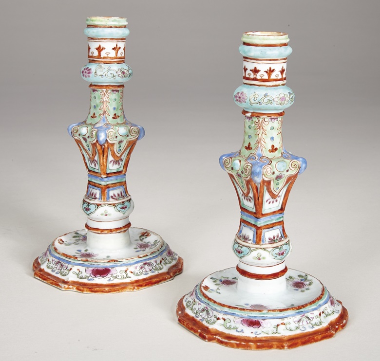 A rare pair of famille rose candlesticks, Qianlong period, mid-18th century. 8¼ in (20.9 cm) high. Sold for $5,000 in Chinese Export Art Featuring Property from the Tibor Collection, 7-20 January 2021, Online