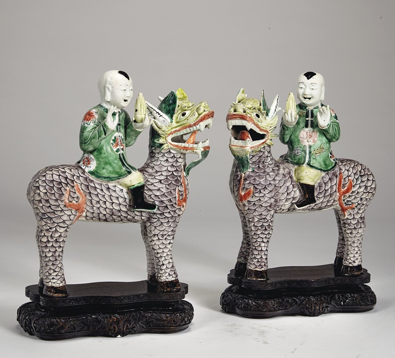 A large and rare pair of famille verte boys riding qilin, Kangxi period (1662-1722). 11 in (28 cm) high. Offered in in Chinese Export Art Featuring Property from the Tibor Collection, 7-20 January 2021, Online
