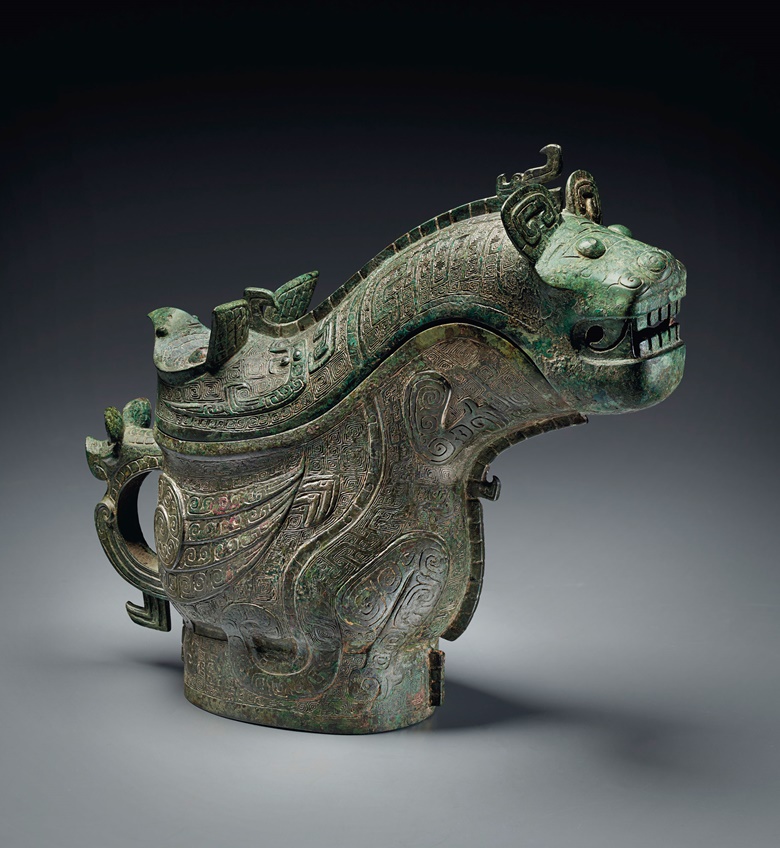 An exceptional and highly important bronze ritual wine vessel and cover, gong, late Shang dynasty, 13th-12th century BC.&nbsp;11&frac34;  in (29.8  cm) long. Sold for $8,604,000 on 18 March 2021 at Christie&rsquo;s in New York