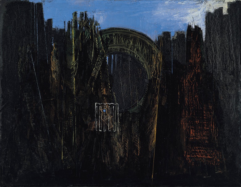 Max Ernst (1891-1976), Cage, forêt et soleil noir, 1927. Oil and grattage on canvas. 45 x 57½ in (114.4 x 146.3 cm). Sold for £3,082,500 on 23 March 2021 at Christie’s in London