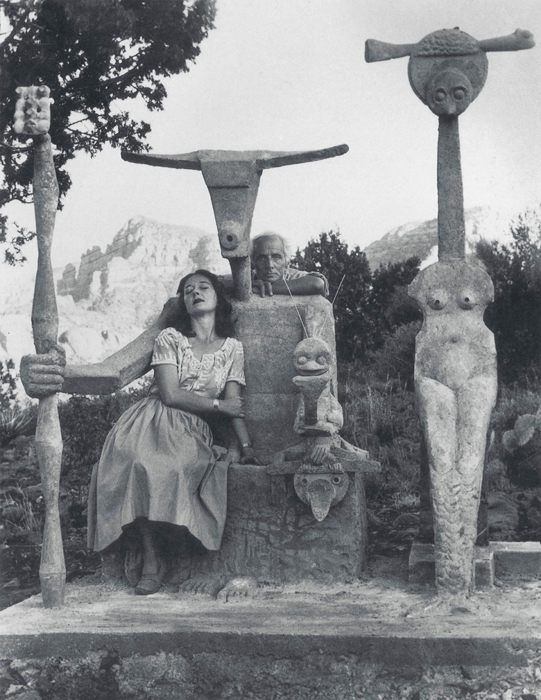 Max Ernst and Dorothea Tanning in 1947 with his sculpture, Capricorn. Photograph by John Kasnetsis. © John Kasnetsis. Artwork © Max Ernst, DACS 2021