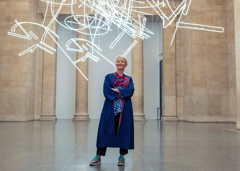 Maria Balshaw at Tate Britain with Cerith Wyn Evans, Forms in Space… by Light (in Time), the 2017 Tate Britain Commission. Photo Tom Jamieson  New York Times  eyevine. Artwork © Cerith Wyn Evans