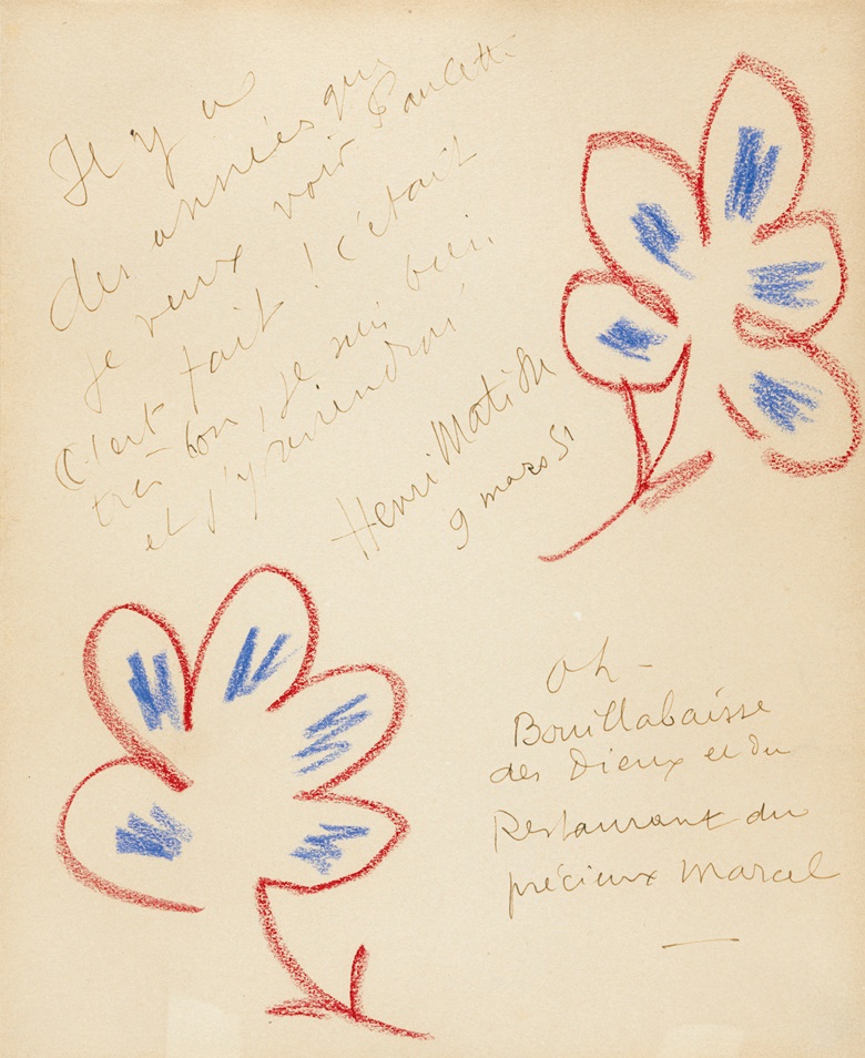 Henri Matisse (1869-1954), Fleurs, 1951. Coloured crayon and pen and ink on paper. 10⅝ x 8¾ (27 x 22.3 cm). Estimate £7,000-10,000. Offered in the Impressionist and Modern Art Day and Works on Paper Sale on 24 March 2021 at Christie's in London