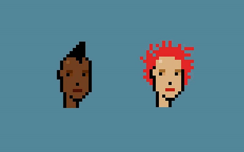 Inspired by the 70s London punk scene, many Punks have mohawks and wild hair, like CryptoPunks 532 and 602, two of the nine works sold as a single NFT for $16,962,500 on 11 May 2021 at Christie’s in New York