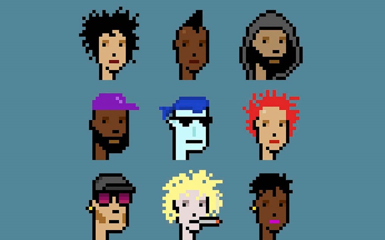 Larva Labs (2005), CryptoPunks, 2017. Non-fungible token (jpg). 24 x 24 pixels each, 9 CryptoPunks total. Sold for $16,962,500 on 11 May 2021 at Christie’s in New York