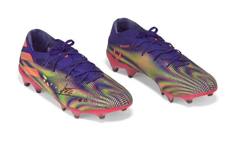 Game-worn Adidas Nemeziz Messi 19.1, each boot signed ‘Lionel Messi’, originally with customisation detailing ‘Antonela Roccuzzo’ (Lionel Messi’s wife) and ‘Thiago, Mateo and Ciro’ and their dates of birth (Lionel Messi’s three sons). Sold for £125,000 on 30 April, Online