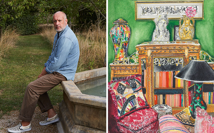 Left Portrait of Peter Copping. © Billal Taright. Right Le petit salon at La Carlière. Painting by @sjaxelby. Inspired by photography of La Carlière by ©Billal Taright 