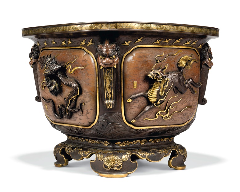 A Japanese gilt and patinated-bronze jardiniere, by Miyao (the workshop of Miyao Eisuke of Yokohama), Meiji period (1868-1912). 12¾  in (32.5  cm) high; 15¾  in (40  cm) square.