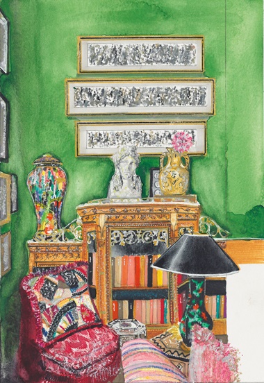Le petit salon at La Carlière featuring The Collector Live lots 243 and 295 and The Collector Online lot 91. Painting by @sjaxelby. Inspired by photography of La Carlière by © Billal Taright