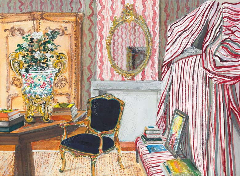 A guest bedroom at La Carlière featuring The Collector Live lot 265 and The Collector Online lots 97 and 98. Painting by @sjaxelby. Inspired by photography of La Carlière by © Billal Taright