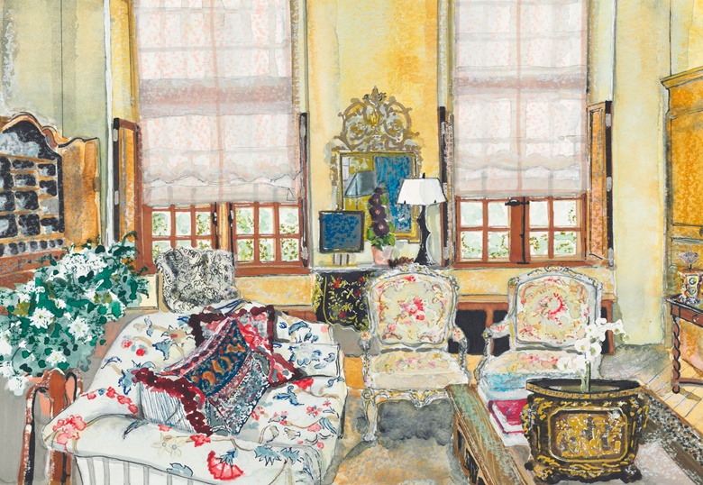 Le grand salon at La Carlière featuring The Collector Live lots 10, 68 and 291 and haute cushions on the sofa by La Carlière. Painting by @sjaxelby. Inspired by photography of La Carlière by © Billal Taright