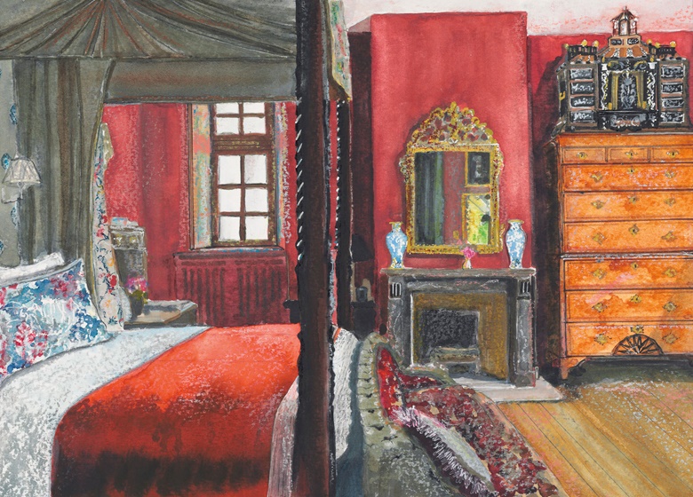The master bedroom at La Carlière featuring The Collector Live lots 69, 104 and 244. Painting by @sjaxelby. Inspired by photography of La Carlière by © Billal Taright