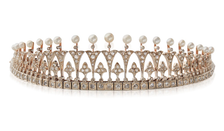 Diamond and pearl tiara forming necklace and bracelet, Daubree. Circular-cut diamonds, white cream button-shaped saltwater natural pearls, silver and 18K gold. Price on request. Available for immediate purchase via Private Sales