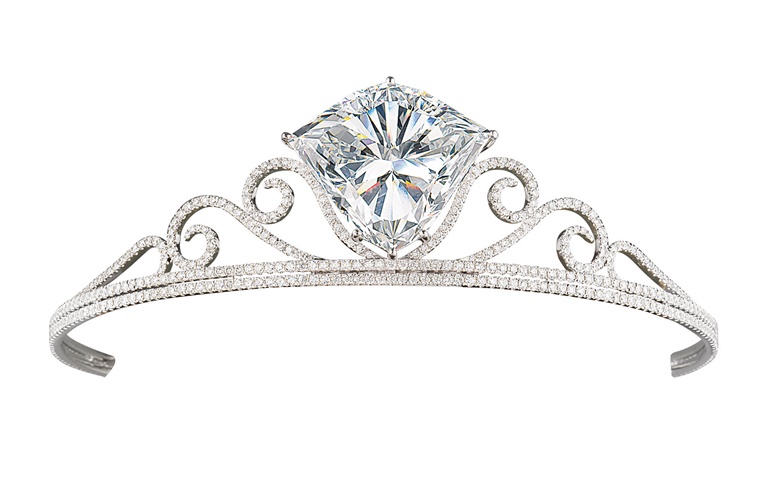 Diamond tiara. Shield-shaped diamond of 101.27 carats, brilliant-cut diamonds, gold. Price on request. Available for immediate purchase via Private Sales